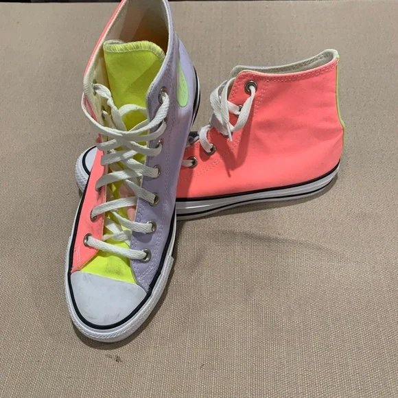 Converse Neon Pink and Yellow High-Top Sneakers - Picture 1 of 8
